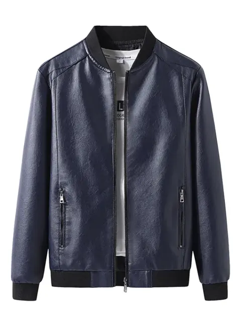 Navy leather-look zip-front jacket style reference