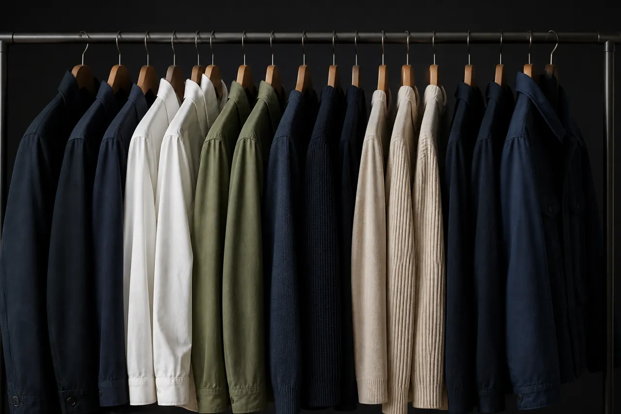 Unbranded shirts, knitwear and jackets arranged on a clothing rail